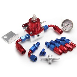 WENJTP Aluminum Adjustable Universal EFI Fuel Pressure Regulator Kit with 0-100psi Pressure Gauge AN6-6AN Fuel Line Hose Fitting Connectors Kit Blue&Red HTRACING