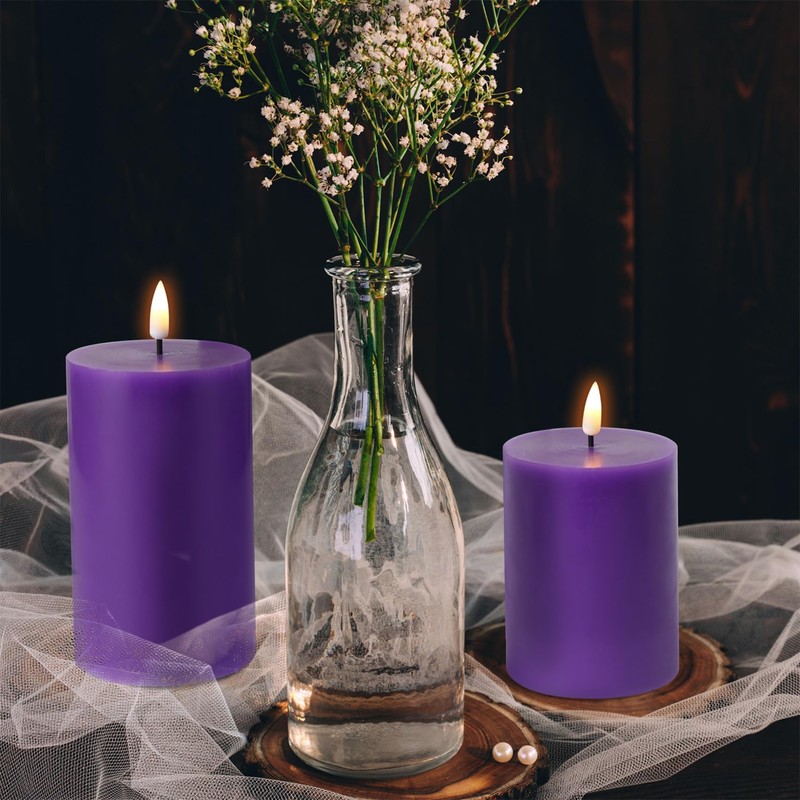 Girimax Purple Flameless Pillar Candles with Remote, Flickering Battery LED