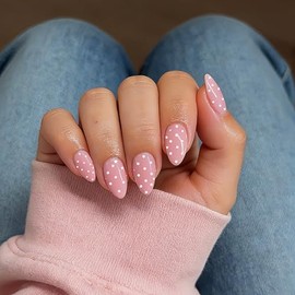 SXVME Polka Dot Press On Almond, Baby Pink False Nails Short Stiletto, Fake Nails with Designs, Cute White Polka Dot Nails Press ons, Reusable Soft Gel Glue On Nails for Women, 30 Pcs