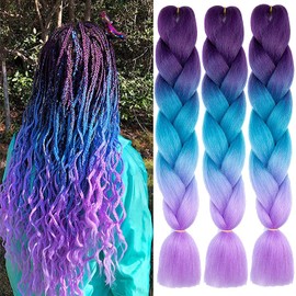 FANWYFYU Ombre Braiding Hair, 3Pack/Lot Ombre Braiding Hair Extensions High Temperature Synthetic 24inch Pre Stretched Braiding Hair,for Box Braids Braiding Hair (Dark Purple-Lake Blue-Light Purple)