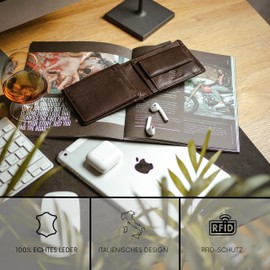 Baur Men's Genuine Leather Wallet with RFID Protection, Landscape Format, Wallet with Coin Compartment, Wallet with Many Card Slots, dark brown, Large landscape format