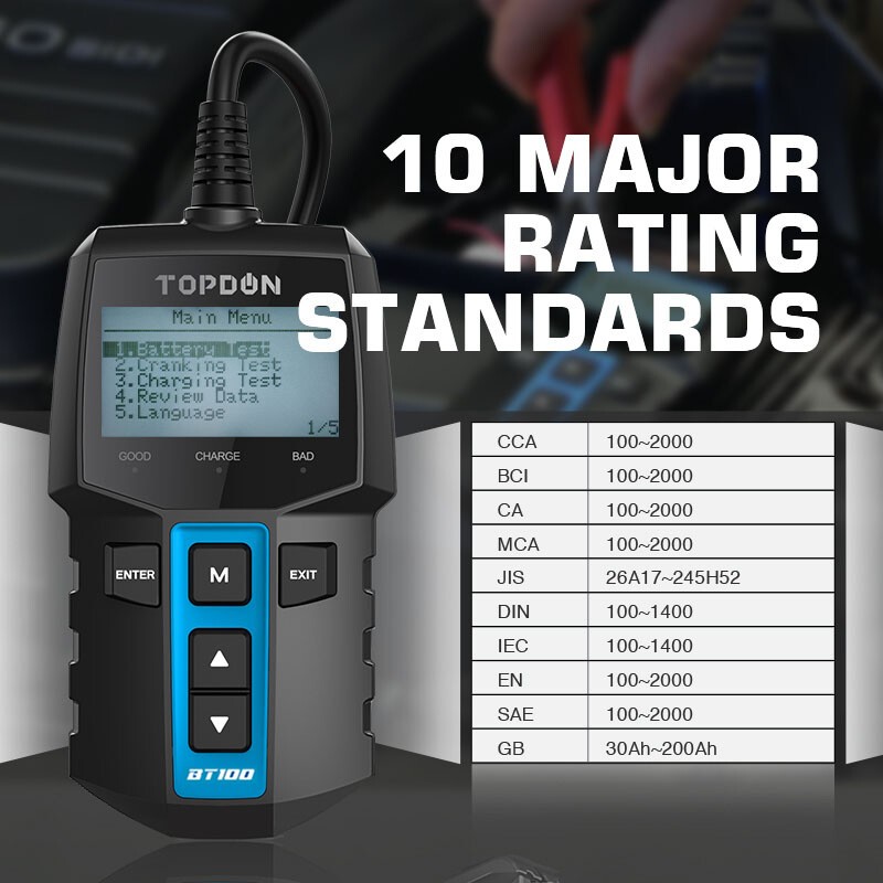 TOPDON BT100 Car Battery Tester 24V 12V Load Tester Charging