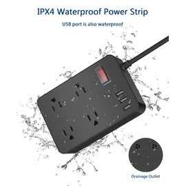 Outdoor Power Strip Weatherproof,Waterproof Surge Protector with 4 Outlets,3 USB,Shockproof Overload Protection, Multi Outlet Extension for Camping, Garden, Kitchen, Bathroom, 6ft Cord,with Flat Plug