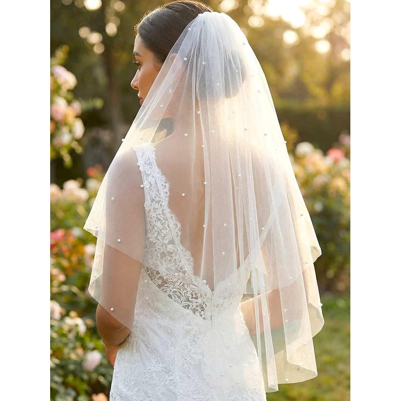 HEREAD Pearl Bride Wedding Veil Short Elbow Length 2 Tier