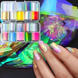 JCAKES 2 Boxes Iridescent Cellophane Nail Foil Sheets Glass Broken Sheets Holographic Nail Art Foils Aurora Nail Stickers Decals Reflective Nails Designs Neon Nail Decoration