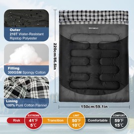 WKFAMOUT Cotton Flannel Double Sleeping Bag for Adults Machine Washable 2 Person Camping Sleeping Bag Queen Size Waterproof with Compression Sack for Cold Weather 3-4 Seasons