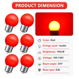 LED Red Light Bulb 15W Equivalent, 1W LED Colored Night Lights, G45 Christmas Globe Light Bulbs, Mini Edison E26 Base Bulb for Vanity Bulbs, Porch, Holiday String Fairy Mood Lights Decor, 6 Pack