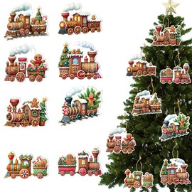 16pcs Christmas Tree Gingerbread Man Small Train Christmas Decor Double Side Design Paper Christmas Hanging Decorations Ornaments with Jute Rope Tags for Xmas Presents