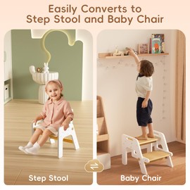 Toddler Step Stool, 2 in 1 Kids Step Stool with Safety Non-Slip Pads and Handles, Wooden Potty Training Stool, Kids Stools Toddler Stool for Bathroom Sink, Kitchen, Bedroom, Nursery, White