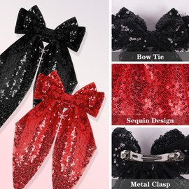2Pcs Girls Glitter Bow Hair Clip Women Large Bowknot Hair Tie Girl Bowknot Hairpin Sparkly Bow Hair Barrettes Vintage French Hair Clip Long Lace Style Hair Accessories (Red/Black)