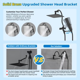 Hibbent All Metal cUPC Certified Shower Head, 8'' High Pressure Rainfall Showerhead Combo, Handheld Shower Wand, 12'' Adjustable Extension Arm, 4-Spray, 71'' Hose, Brass Shower Holder, Matte Black