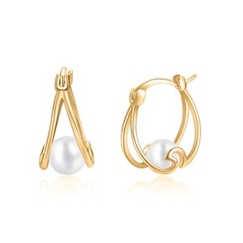 Pearl Hoop Earrings 925 Sterling Silver Small Hoop Earring Ocean Wave Earrings for Women Gifts (Gold Plated Pearl Earrings)