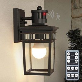 Motion Sensor Outdoor Wall Lantern with Remote Control, Dusk to Dawn Sensor Exterior Wall Light Outdoor Wall Sconce with Glass Shade Motion Activated Porch Light for Doorway, Garage, LED Bulb Included