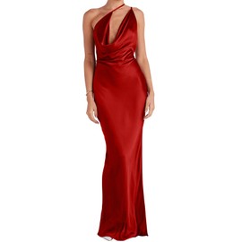 Memoriesea Women's Low Cut Cowl Neck Open Back Tie Up Cocktail Party Maxi Dress Red