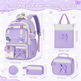 Aomutrsn 5pc Cute Girls Backpack with Lunch Box Set, Purple Kawaii Aesthetic Bookbag, Kids School Backpack for Teen & Elementary