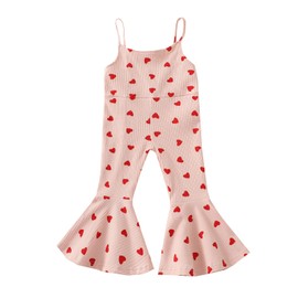 oneflow Toddler Girl Valentines Day Outfit Sleeveless Halter Bell Bottoms Jumpsuit Cute Clothes for Little Kids Girls (Heart Print Red, 12-18 Months)