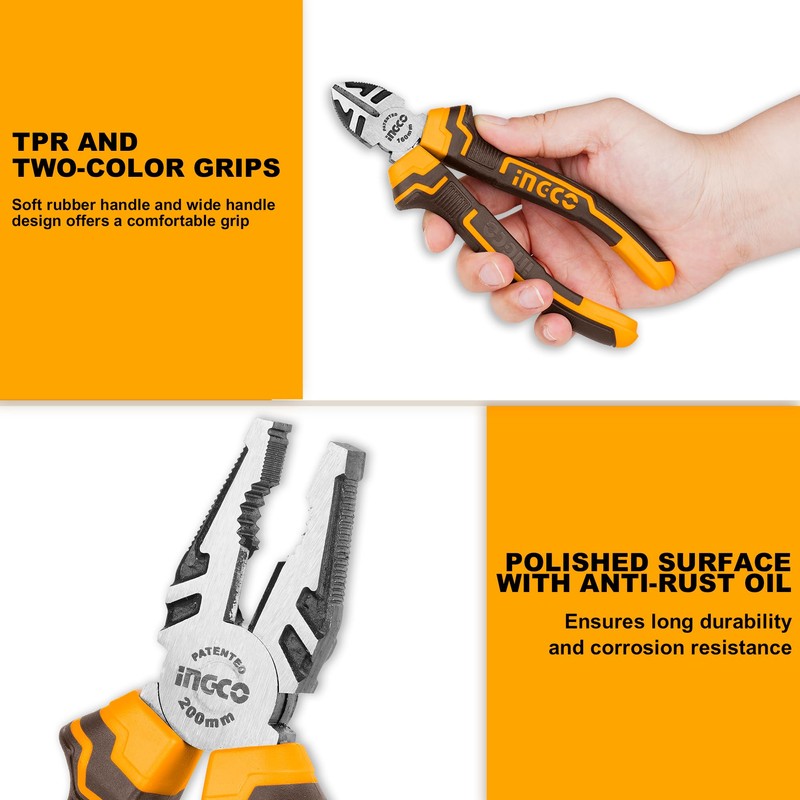 INGCO 3PCS Pliers Set Hand Tools Set, 8" Combination Pliers