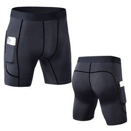 ORBU Men's Compression Half Tights with Pockets for Training, Muscle Training, Running, Short Tights, Sports, Spats, Compression, Breathable, Sweat Absorbent, Quick Drying, Black