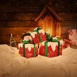 Iceberg Effect Christmas Lighted Gift Boxes, Set of 3 Indoor Outdoor Present Box for Pathway Home Yard X-mas Holiday Party Decorations (Red/White/Green)