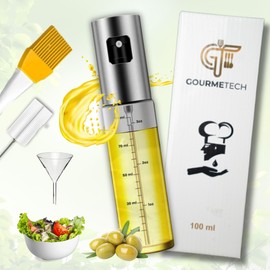 Gourmetech Ölsprüher 100 ml für Küche und Luftfritteuse, tropffreier Zerstäuber, Glas und Edelstahl, mit Grillbürste, Waschbürste und Trichter