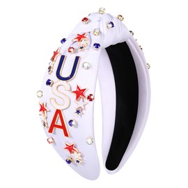 4th of July Headbands for Women American Flag Headband Patriotic Red Blue White Star Knotted Headband Embellished Rhinestone Wide Top Knot Headband 4th of July Hair Accessories Outfits Gifts (White 3)