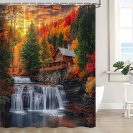 Fall Forest Waterfall Shower Curtain Autumn Mountain Tree Jungle Country Outdoor Farmhouse Rustic Nature Landscape Fabric Bathroom Decor Sets with Hooks