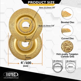 BGTEC Wood Grinding Wheel Angle Grinder Wood Carving Disc Set 4" 100mm with 22.23mm Arbor for Wood Grinding, Curved and Beveled 2PCS