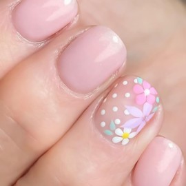 QEYRIYI Summer Colorful Flowers Press on Nails Short Square Fake Nail with Floral Dot Designs Pink Glitter False Nails Acrylic Glue on Nail Glossy Full Cover Artificial Stick on Nail for Women 24 Pcs