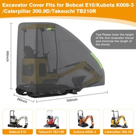 Mini Excavator Cover for Bobcat E10/Kubota K008-3/Caterpillar 300.9D/Takeuchi TB210R/Yanmar Vio10-2, Waterproof Sun Rain Dust Snow Protection Excavator Cover with Zipper Door & Reflective Strips-Black