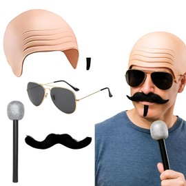 5Pcs Set Bald Cap Pitbull, Pitbull Bald Cap And Sunglasses Set - Nude Latex Bald Cap, Black Sunglasses, Two Soul Patch - Music Icon Famous Celebrity Fancy Costume Accessory Set