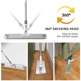 Flat Microfiber Mop for Floor Cleaning, 18 inch (17.7 in/45 cm) Aluminum Base, Adjustable Stainless Steel Handle 29.5 to 52 in, 360-Degree Swivel, Dry & Wet, 4 Washable Pads - LJGG