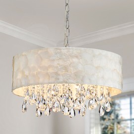 AGV LIGHTING CH020 Capiz Shell Chandeliers, Modern K9 Crystal Pendant Light Fixture, 4 x E12 Sockets, D17 x H6, Adjustable Chains 59", Chrome Chains & Clear Crystal & White Shell Lampshade