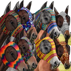 Qualirey 8 Pcs Horse Fly Masks for Horses Comfort Horse Fly Mask with Ears UV Protection Fly Masks Elasticity Horse Face Mask Horse Masks Covering for Horses Riding Supplies(Geometric, Medium)