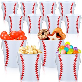 Wenqik 12 Pcs Baseball Metal Bucket with Handles Baseball Small Metal Bucket Mini Tin Pail Container Party Supplies for Kids Boys Girls Cookies Candy Snack Sport Party Favor Decorations