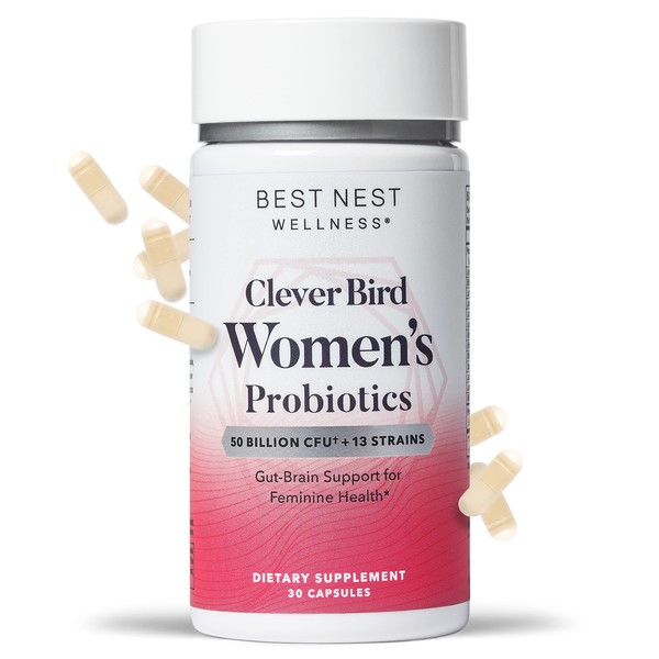 Clever Bird Womens Probiotics Women, 50 Billion CFU 13 Strains, Patented Delayed Released Capsules for Digestive Health, Probiotic Supplement, Includes Bonus Smart Brain Guide, 30 Ct