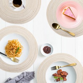 Round Braided Place Mat Set of 6 Cotton Placemats Washable Heat Resistant 37 x 37 cm (Beige)