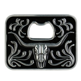 HUABOLA CALYN Beer Opener Belt Buckle -Long Horn Bull Black Vintage Pattern Western Cowboy Large buckles