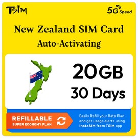 New Zealand SIM Card | 20GB Super Economy Refillable Plan! Auto Activating 30 Day Validity | 5G Speed + Hotspot | Data-Only No Phone Number