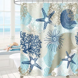MAYZUS Long Shower Curtain 72 x 78 Inch, Tall Beach Ocean Themed Fabric Shower Curtains for Bathroom, Summer Tropical Seashell Starfish Coral Nautical Coastal Shower Curtain, Teal Blue