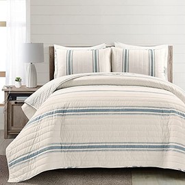 Lush Decor Farmhouse Stripe 3 Piece Quilt Set, Full/Queen, Blue