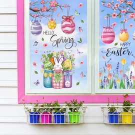 FYSUIMU Easter Egg Window Clings Spring Flower Bunny Rabbit Reusable Window Decals for Holiday Home Office School Party Supplies 4 Sheet