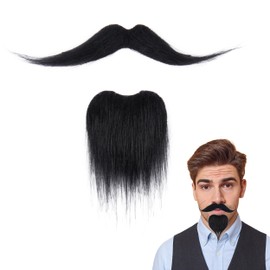 Yan Dream Upturned Black Fake Mustache and Goatee Set Classic Self Adhesive Costume Beard for Men Cosplay Party