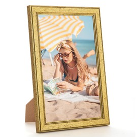 Wood 6x10 Frame Gold, Ornate Natural Wooden 10x6in Picture Frames, Modern Golden 6 x 10inch Gallery Photo Pic Frame with HD Plexiglass, Horizontal Vertical Wall Mounting Tabletop Display 1Pcs