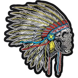 [Large Size] Papapatch Feathered Indian Chief Head Death Skull Biker Motorcycle Jacket Vest Embroidered Sew on Iron on Patch (IRON-FEATHER-INDIAN-03-LARGE)