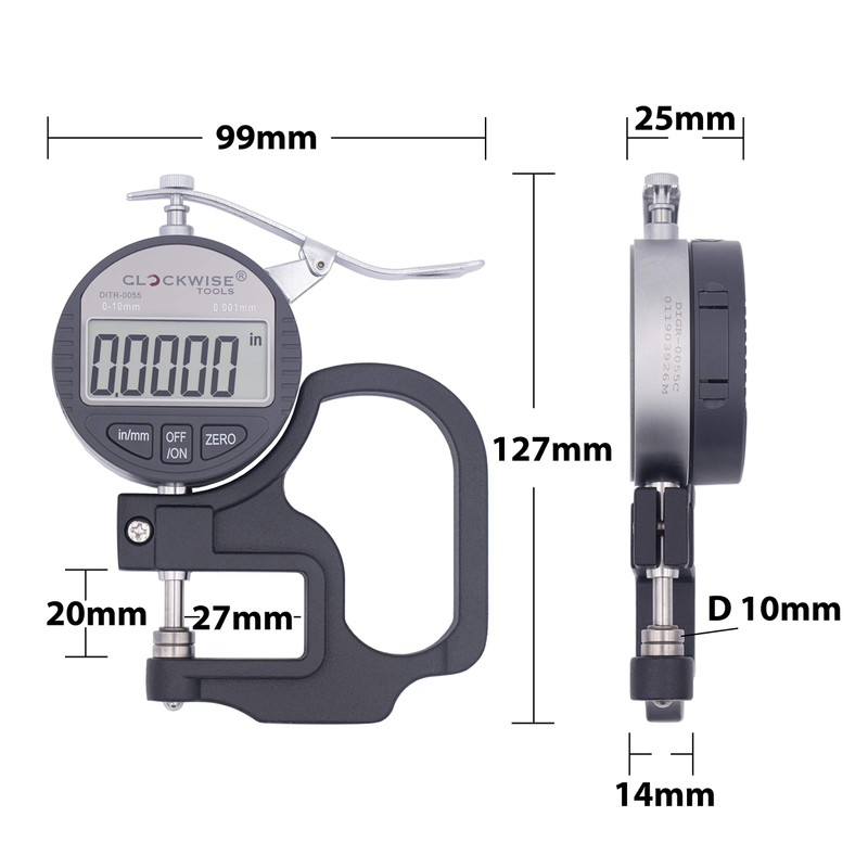 Clockwise Tools Digital Thickness Gauge, DTNR-0055 0-0.4 inch/10mm, 0.00005"/0.001mm Resolution