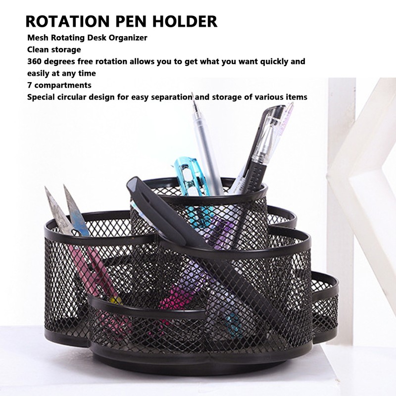 Mesh Desk Organizer 7 Compartments 360 Degree Rotating Multifunctional Pen