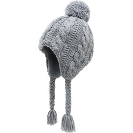 JANGANNSA Winter Peruvian Hat Earflap Fleece Lined Pompom Knit Hat Beanie for 3-10T Baby Girls, Pure Grey