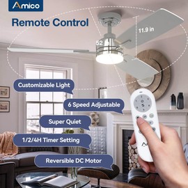 Amico Ceiling Fans with Lights, 52 Inch Ceiling Fan with Light and Remote Control, Nickel Fan, Reversible, 3CCT, Dimmable, Noiseless, Ceiling Fan for Bedroom, Indoor/Outdoor Use