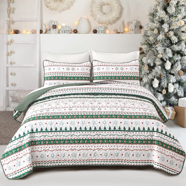 Christmas Quilt Set Queen, 3 Pieces Christmas Bedding Coverlet Queen
