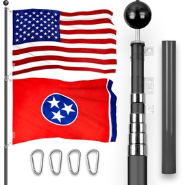 G128 Combo Pack: 25 Ft Telescoping Aluminum Flagpole (Black) & American and Tennessee Flags 3x5 Ft, Both ToughWeave Series Embroidered Polyester | Pole with Flags Included